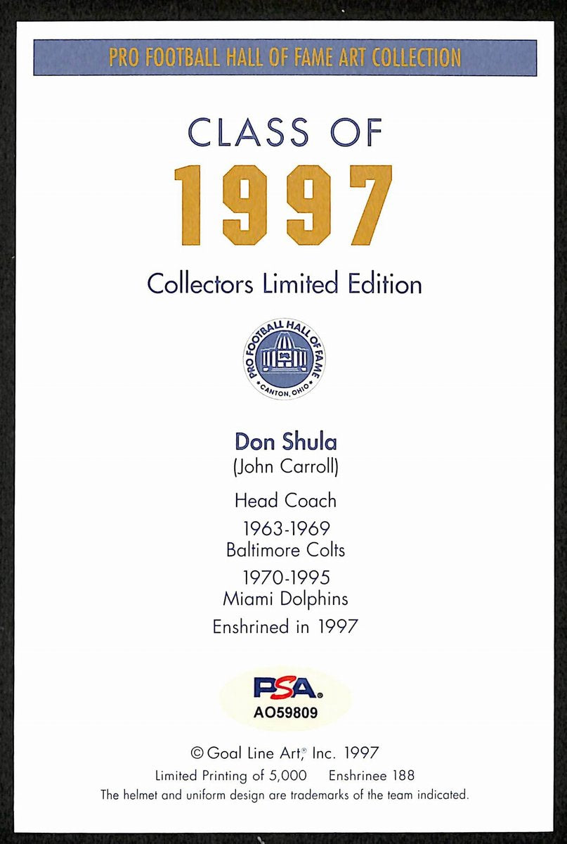 Don Shula HOF Signed/Inscr 1997 Goal Line Art GLAC Postcard Dolphins PSA 194738