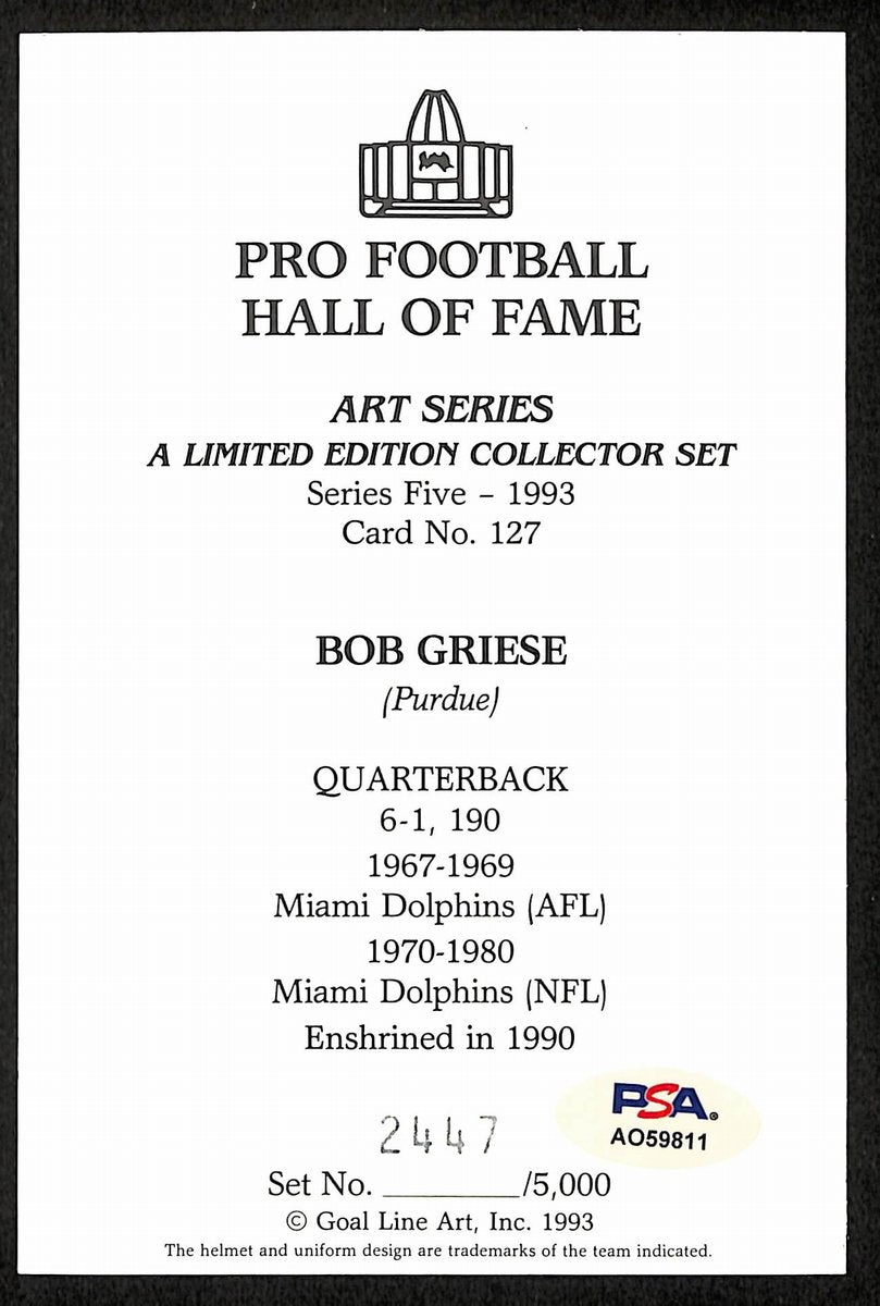 Bob Griese HOF Signed/Inscr 1993 Goal Line Art GLAC Postcard Dolphins PSA 194740