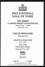 Chuck Bednarik HOF Signed/Inscr 1992 Goal Line Art GLAC Postcard Eagles PSA