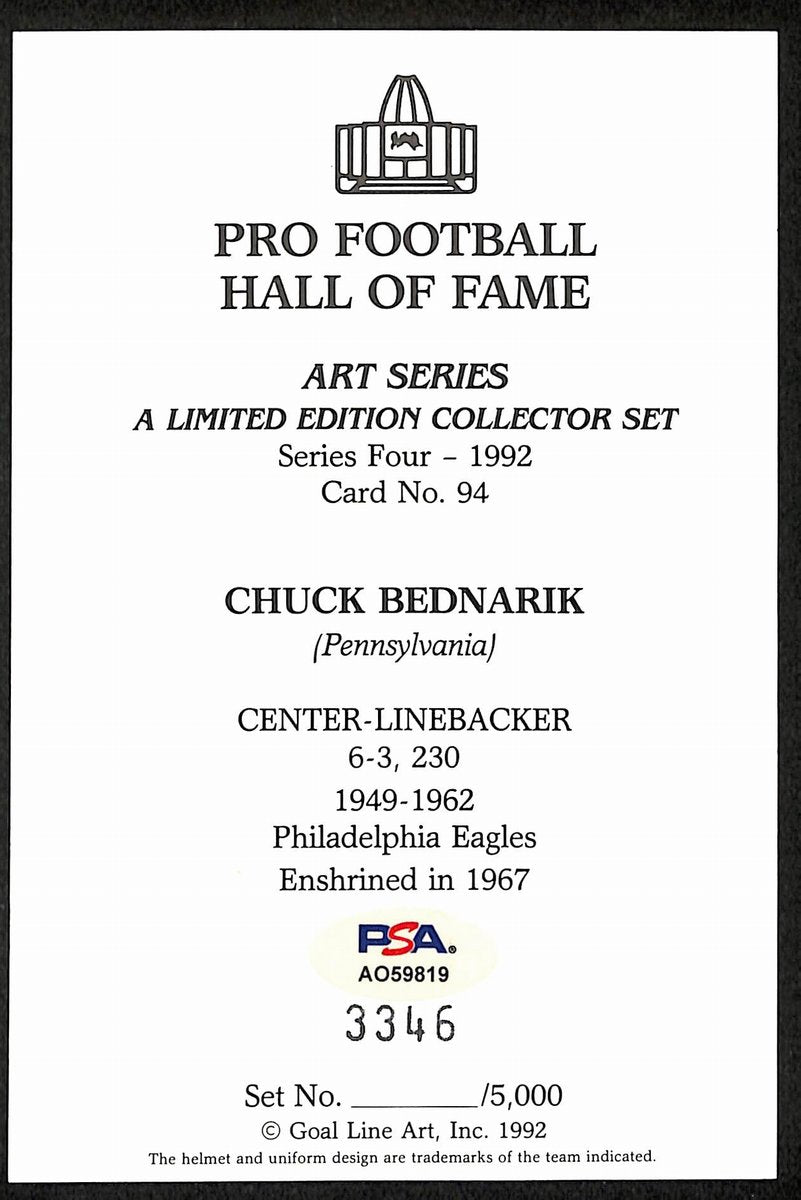Chuck Bednarik HOF Signed/Inscr 1992 Goal Line Art GLAC Postcard Eagles PSA