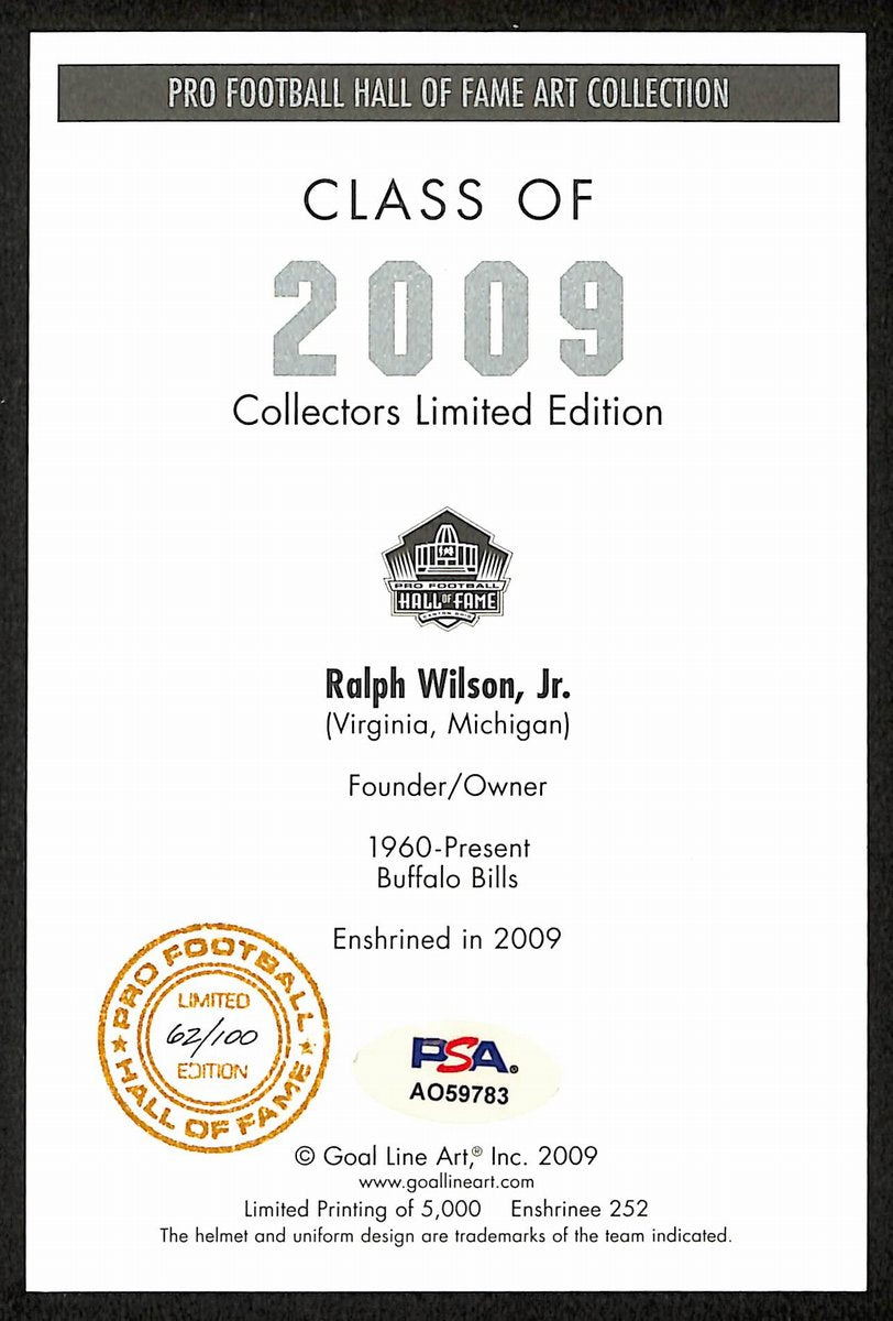 Ralph Wilson Jr. Signed/Insc GLAC Goal Line Art Postcard Gold Seal 62/100 PSA