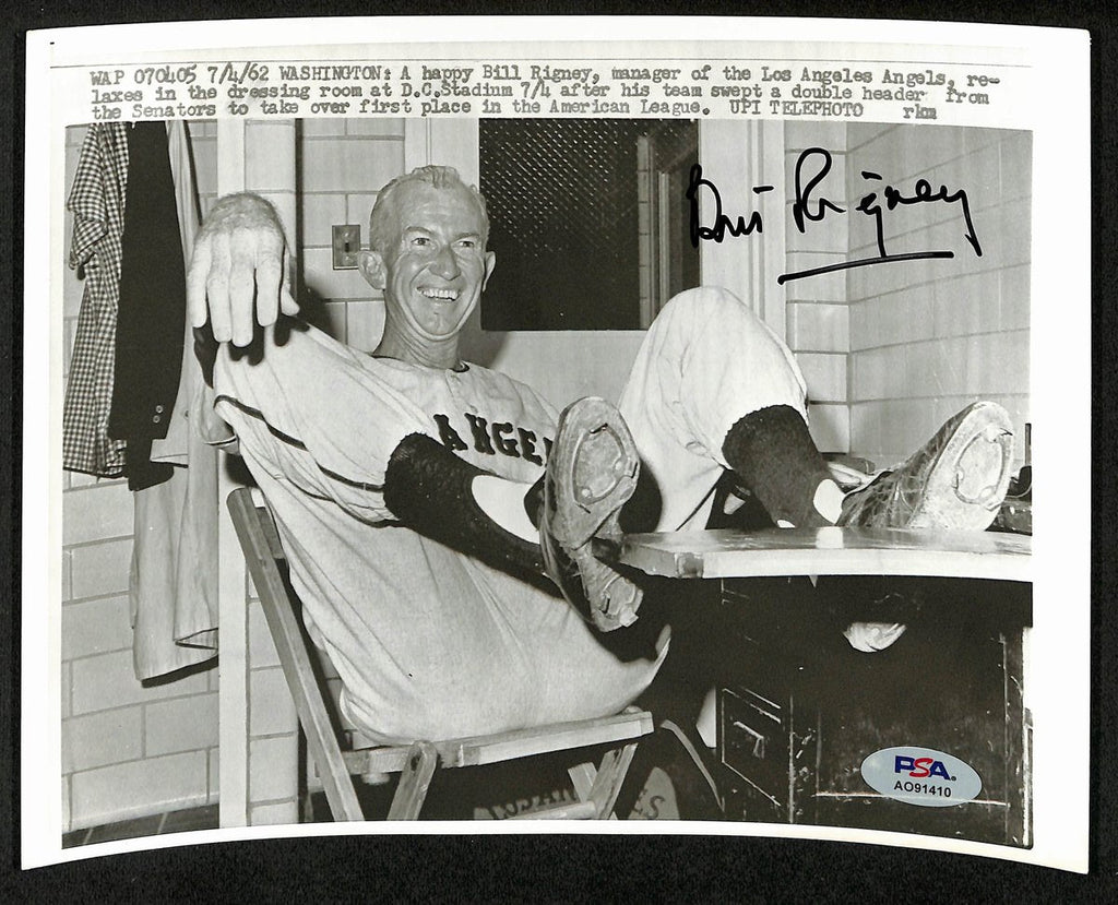 Bill Rigney Signed/Auto 1962 Vintage 9x7 Wire/Press Photo LA Angels PSA 194439