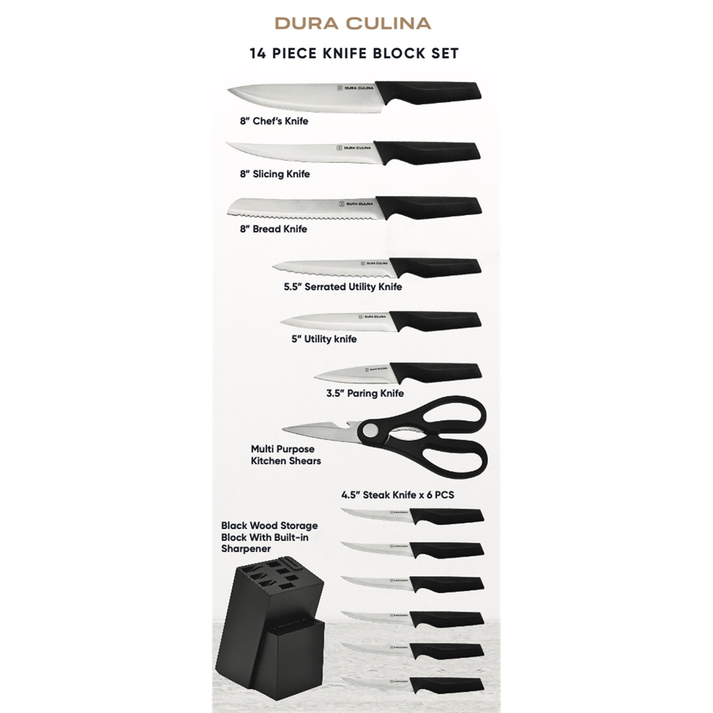 14-Piece Knife Block Set - High Carbon Stainless Steel with Ergonomic Handles, Built-In Sharpener, Black Wood Storage Block