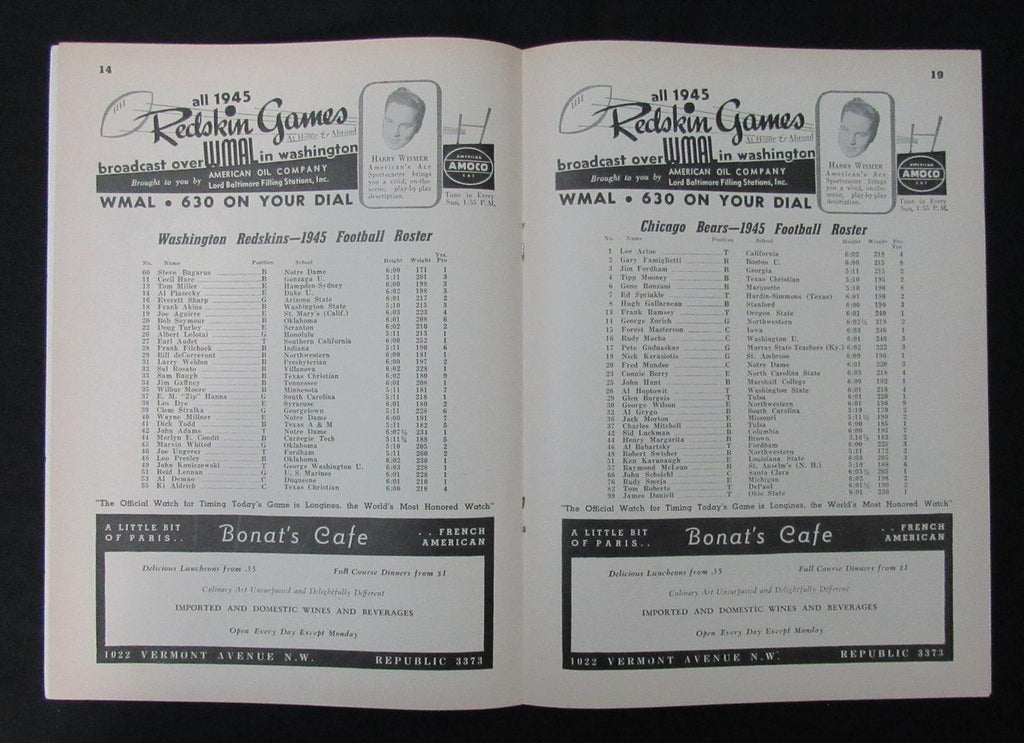 December 2, 1945 Redskins vs. Bears NFL Football Game Program 194114
