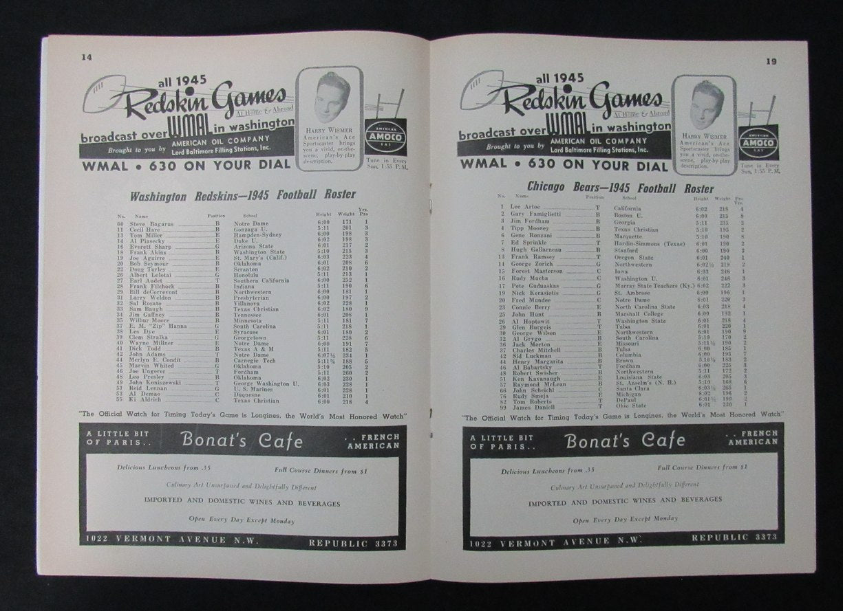 December 2, 1945 Redskins vs. Bears NFL Football Game Program 194114