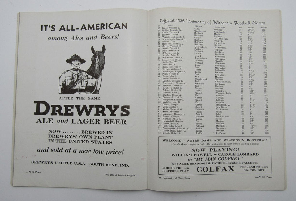 October 17, 1936 Wisconsin vs. Notre Dame NCAA Football Game Program 195591