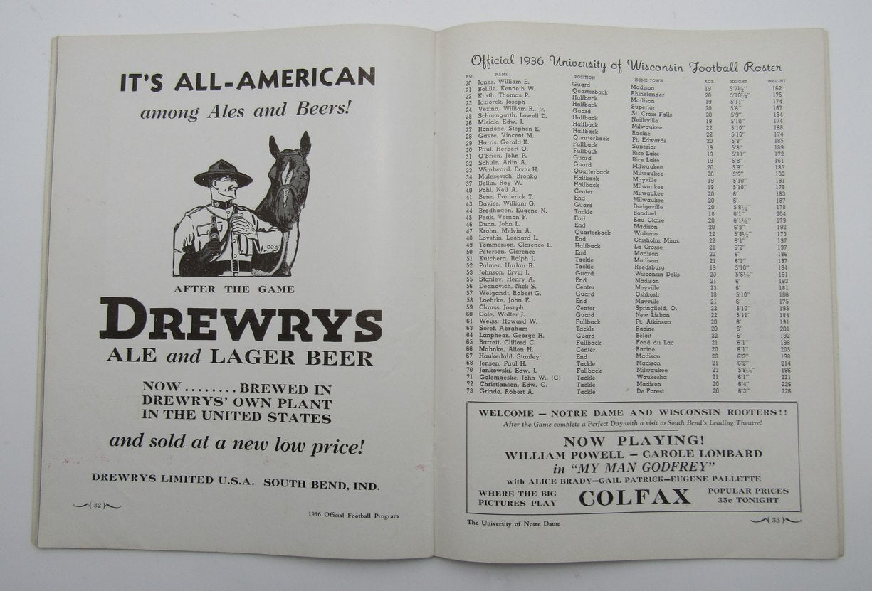 October 17, 1936 Wisconsin vs. Notre Dame NCAA Football Game Program 195591