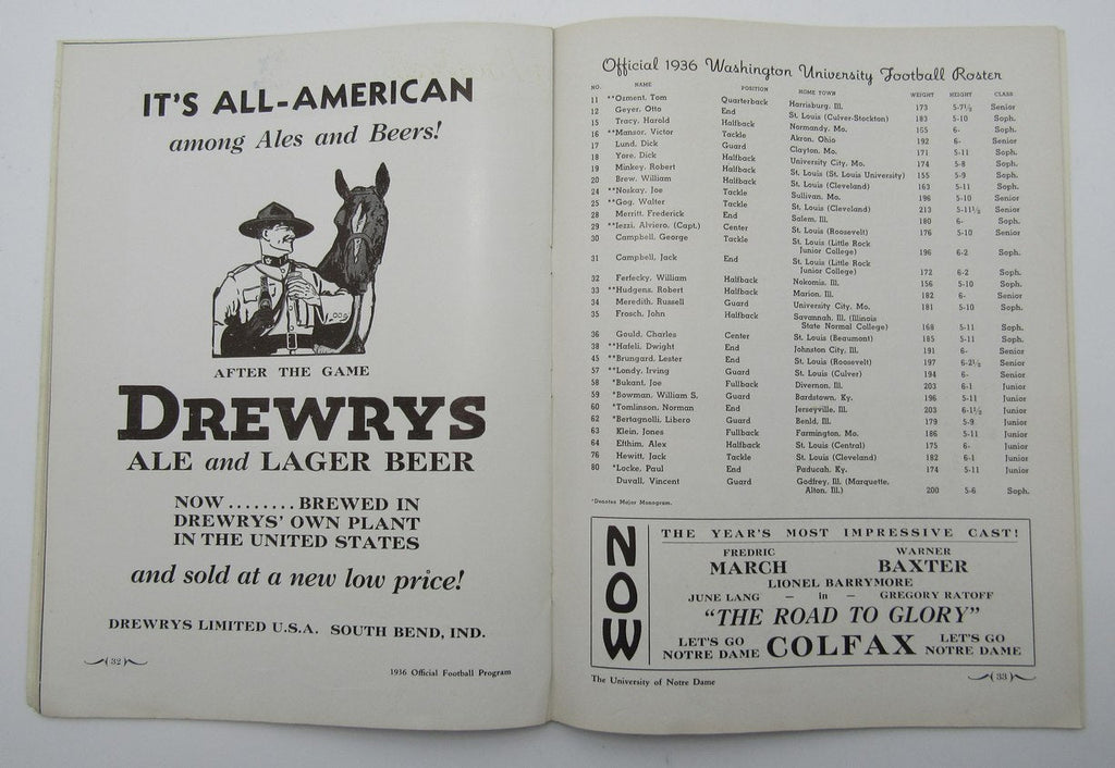 October 10, 1936 Washington U vs. Notre Dame NCAA Football Game Program 195592