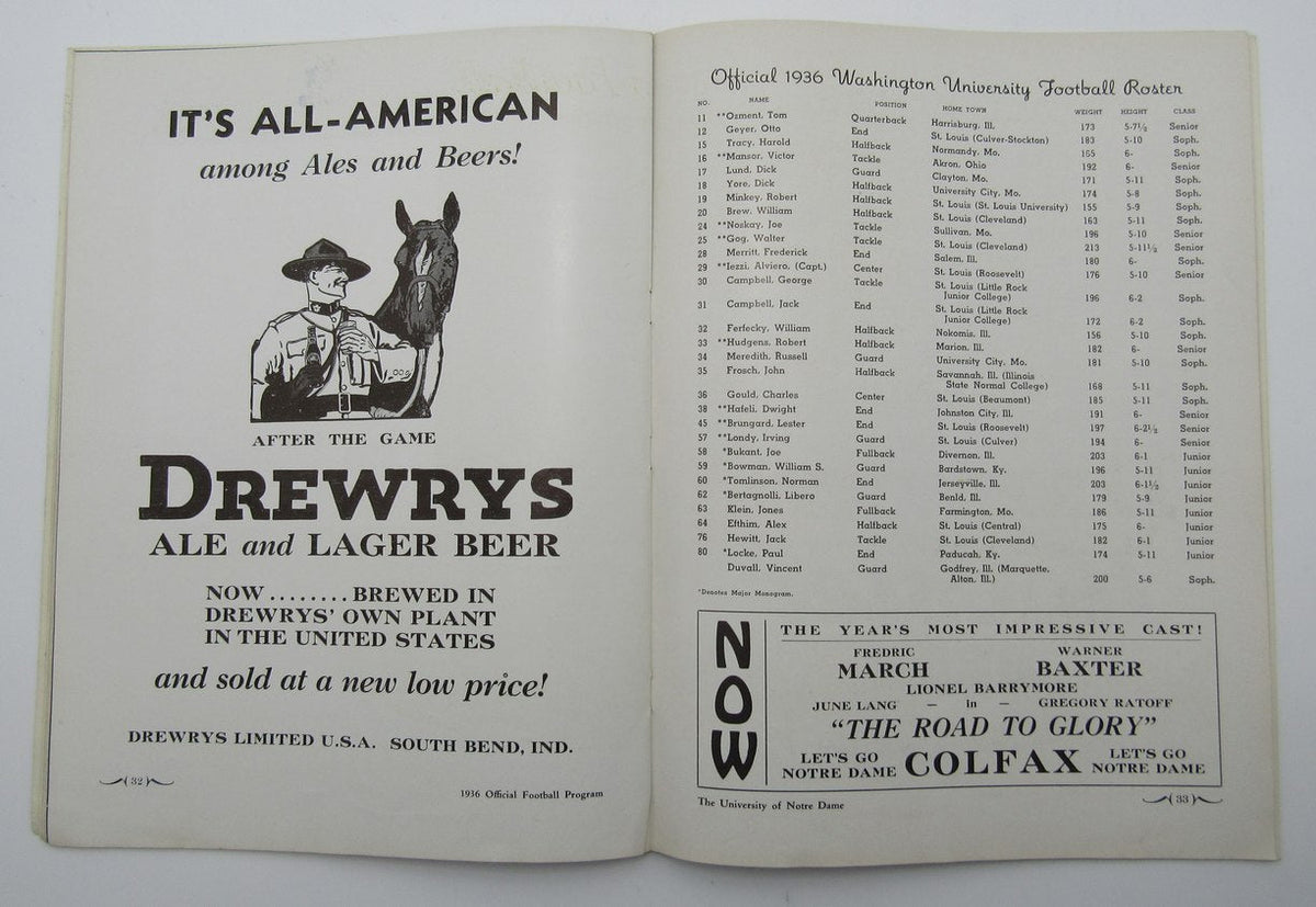 October 10, 1936 Washington U vs. Notre Dame NCAA Football Game Program 195592