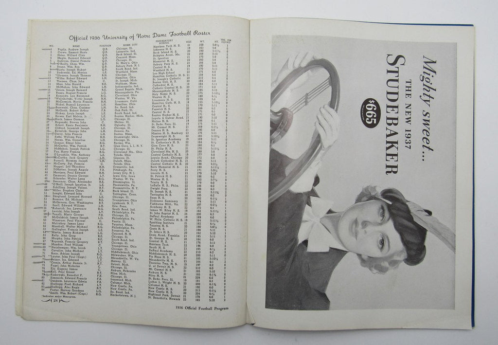 October 10, 1936 Washington U vs. Notre Dame NCAA Football Game Program 195592