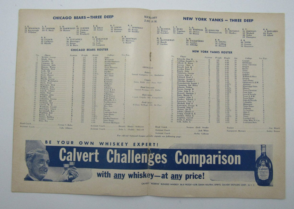October 29, 1950 New York Yanks vs. Chicago Bears Football Game Program 195600