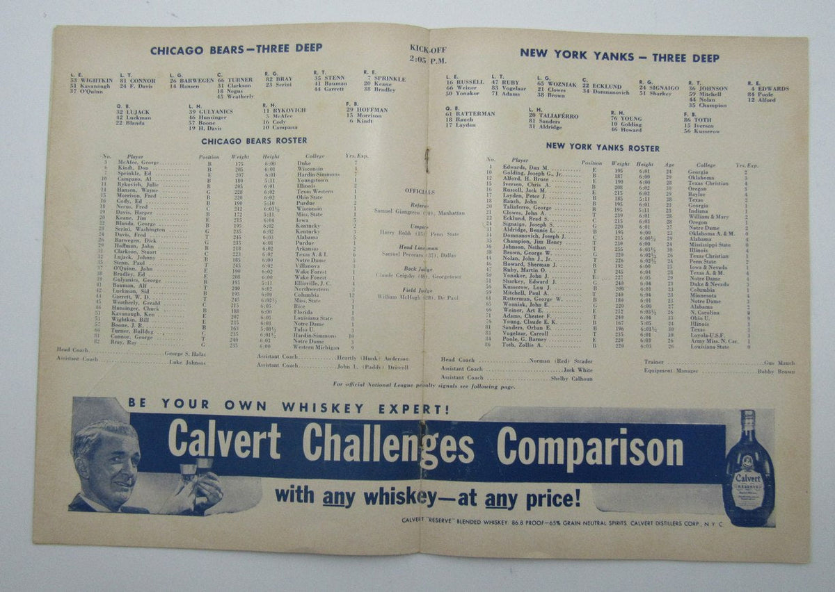 October 29, 1950 New York Yanks vs. Chicago Bears Football Game Program 195600