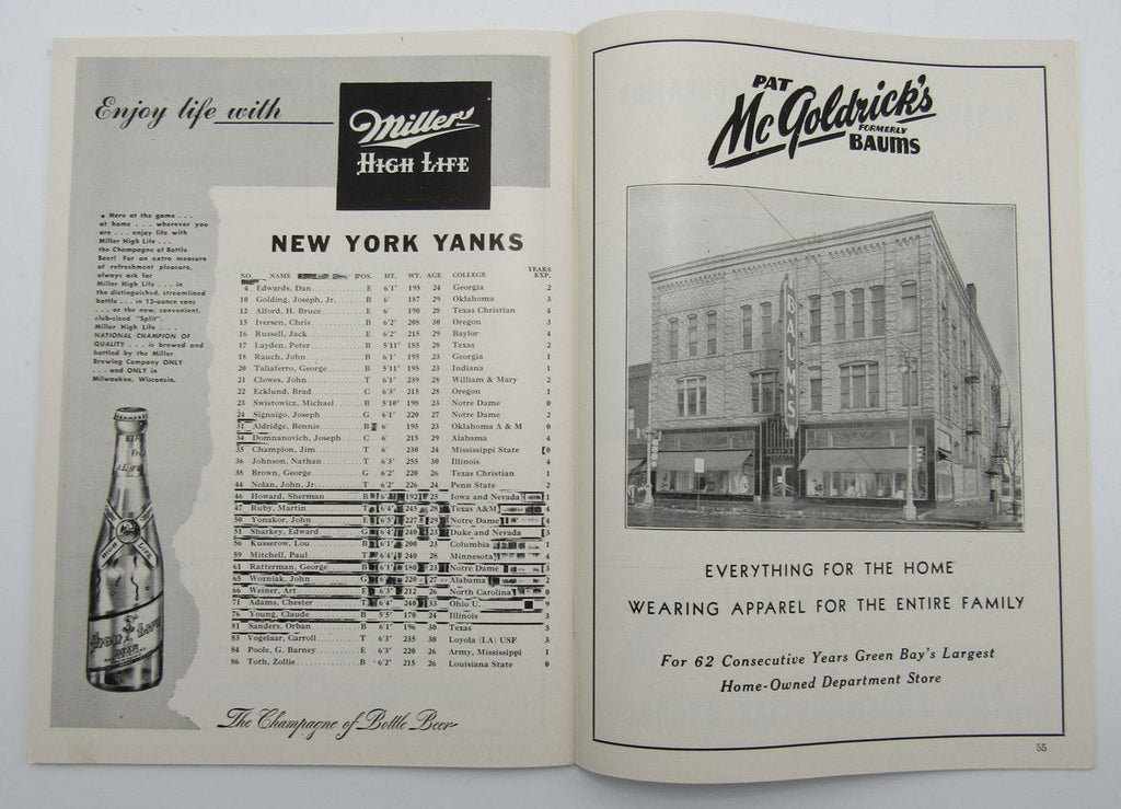 Oct. 8, 1950 New York Yanks vs. Green Bay Packers Football Game Program 195601