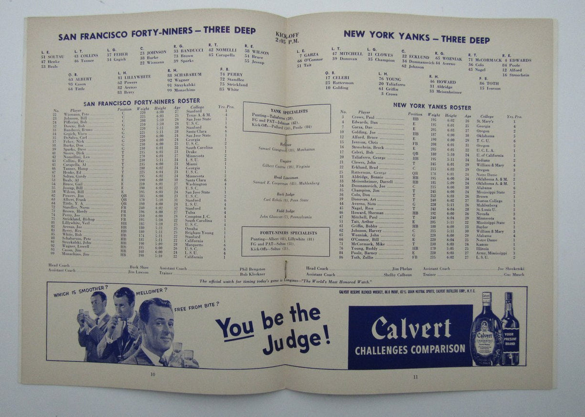 Nov. 3, 1951 New York Yanks vs. San Francisco 49ers Football Game Program 195603