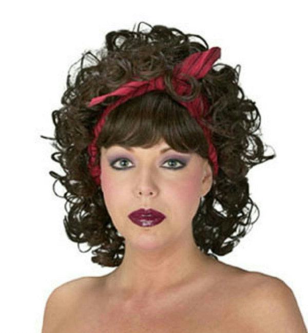 Ladies Pirate Bar Wench Curly Brown Wig with Bangs and Hair Bandana Tie