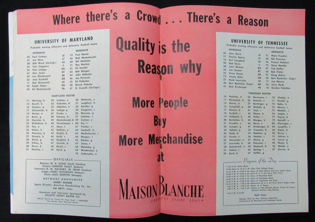 January 1, 1952 Sugar Bowl Maryland vs. Tennessee Football Game Program 194659
