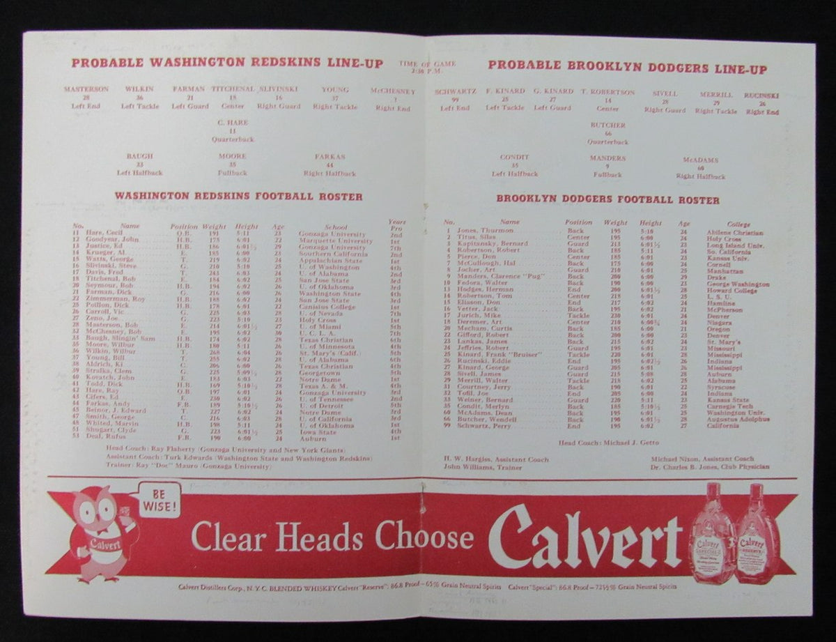 October 18, 1942 Brooklyn Dodgers vs. Redskins Football Game Program 194676