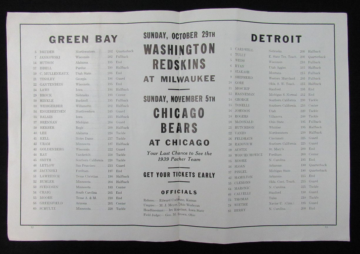 October 22,1939 Detroit Lions vs. Green Bay Packers Football Game Program 194678