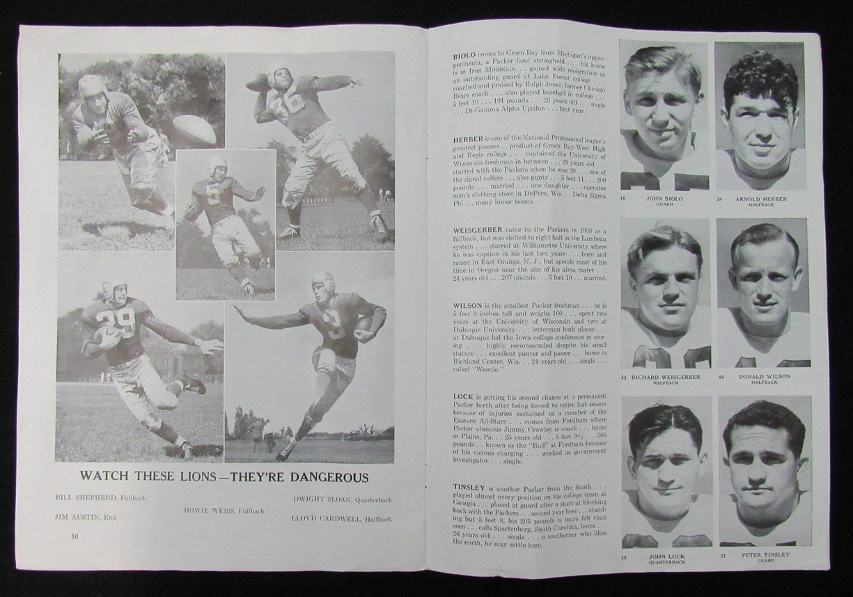 October 22,1939 Detroit Lions vs. Green Bay Packers Football Game Program 194678