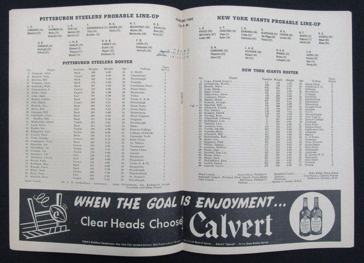 November 24, 1946 NY Giants vs. Pittsburgh Steelers Football Game Program 195506