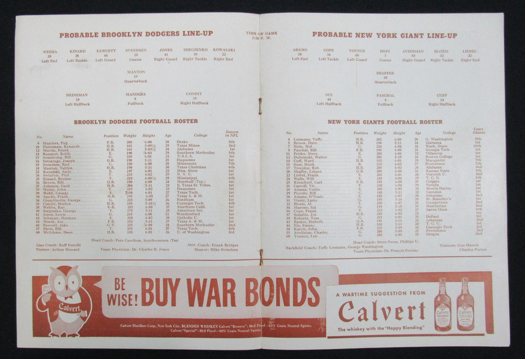 November 28, 1943 NY Giants vs. Brooklyn Dodgers Football Game Program 195508