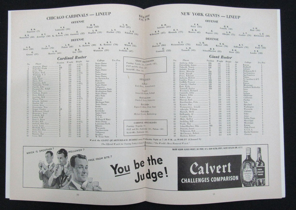 October 14, 1951 Chicago Cardinals vs. NY Giants Football Game Program 195513