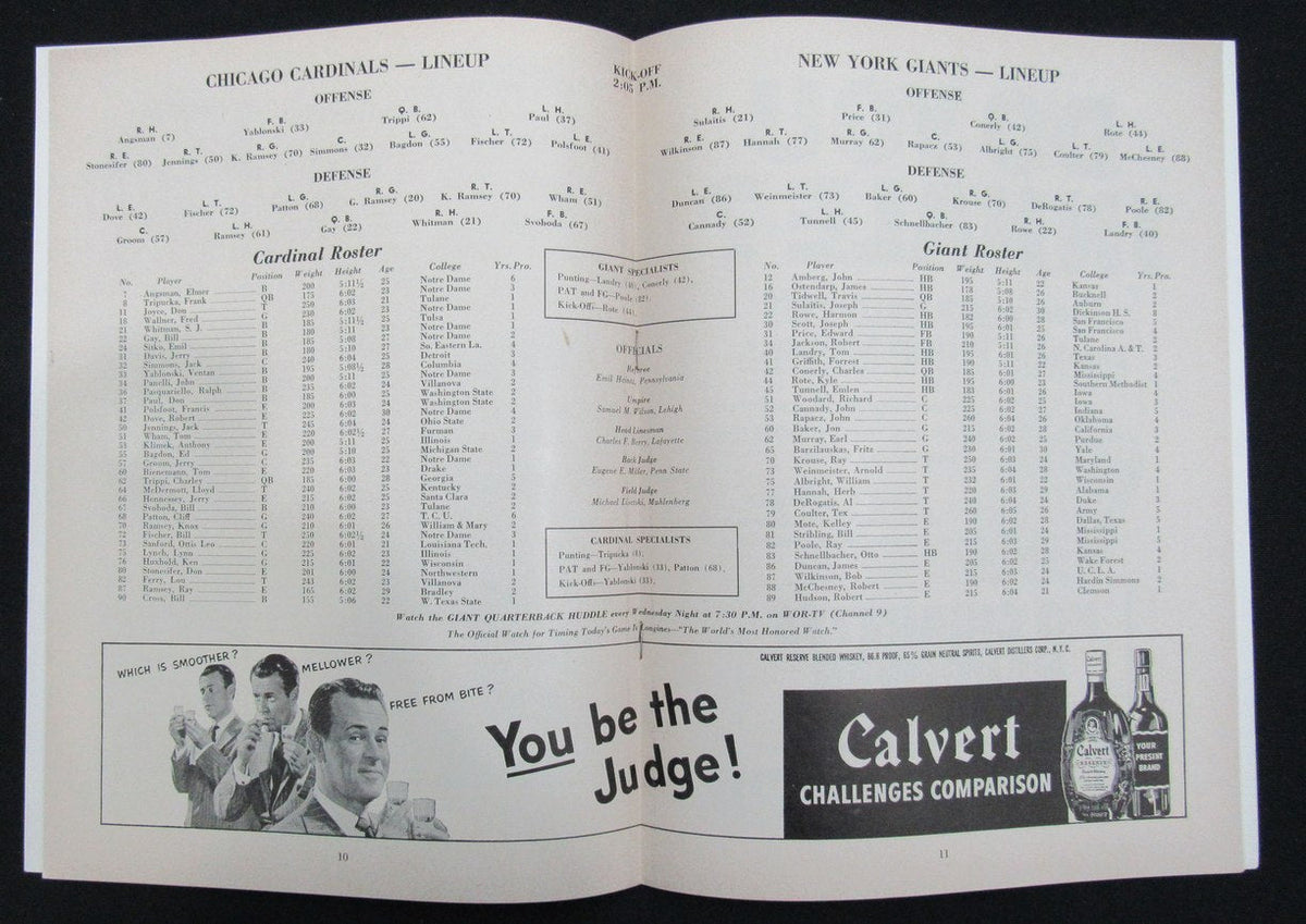 October 14, 1951 Chicago Cardinals vs. NY Giants Football Game Program 195513