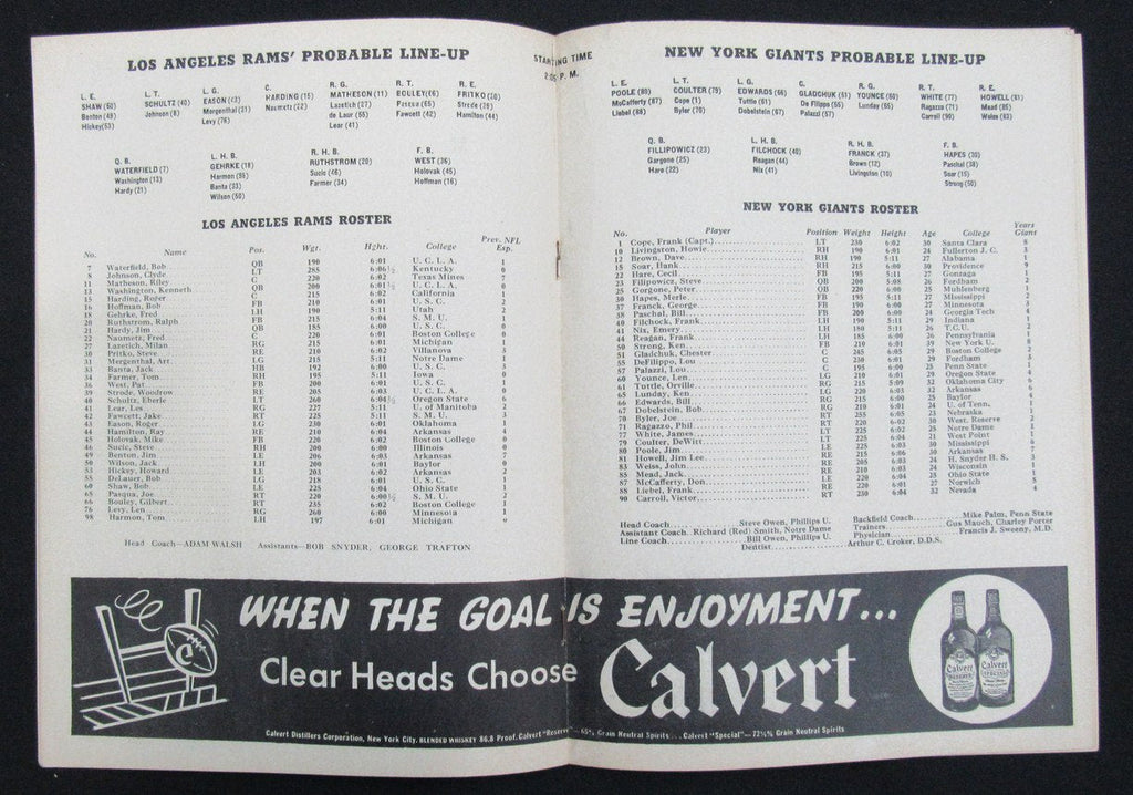 December 1, 1946 New York Giants vs. LA Rams Football Game Program 195514