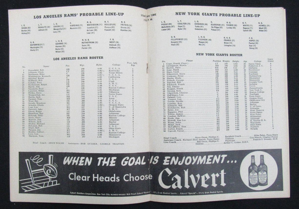December 1, 1946 New York Giants vs. LA Rams Football Game Program 195514