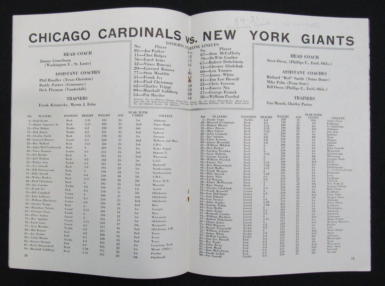 September 10, 1947 Chicago Cardinals vs. NY Giants Football Game Program 195515