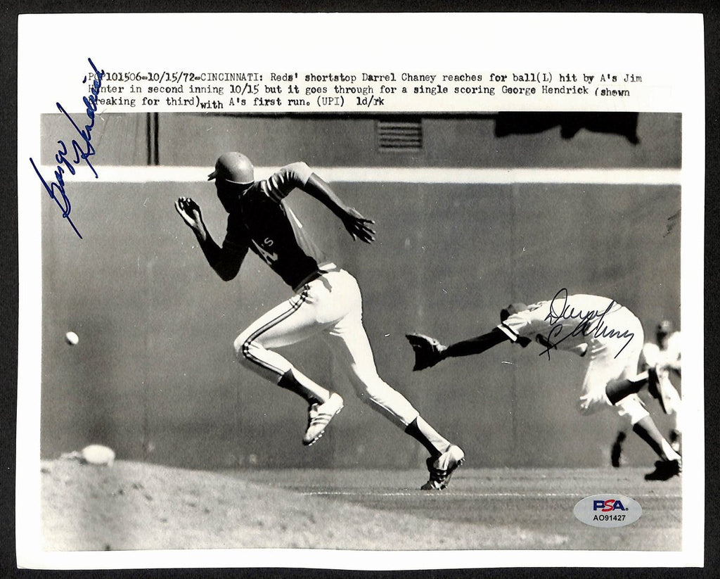Darrel Chaney/George Hendrick Signed 8x10 Press Photo 1972 Reds vs A's PSA/DNA