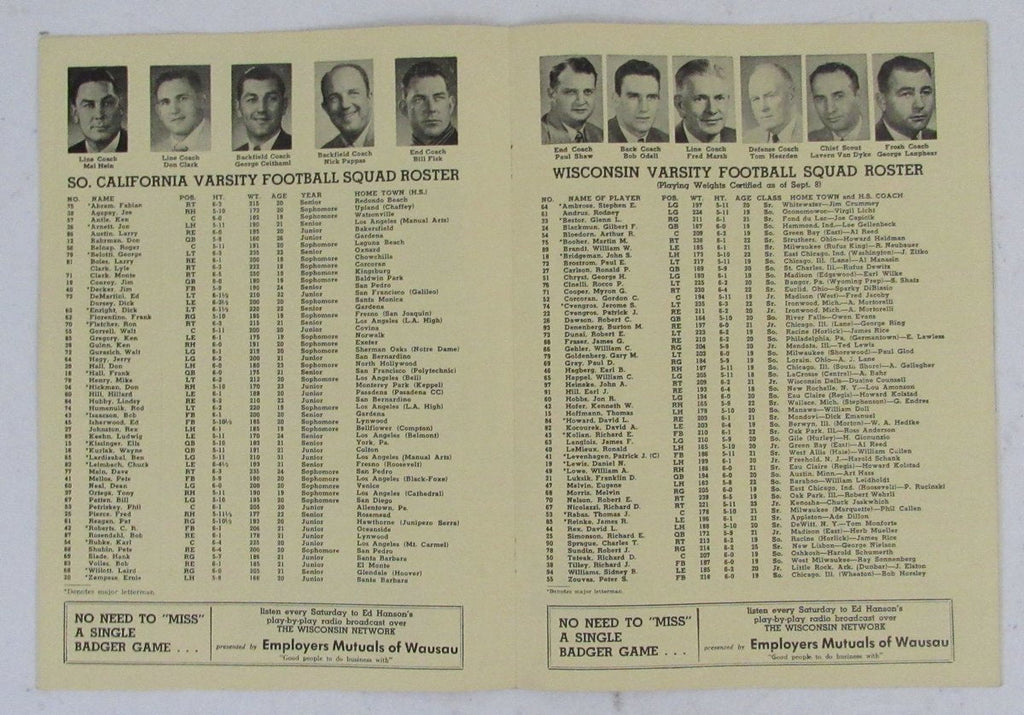 October 6, 1956 College Football Game Program Wisconsin vs. USC 195701