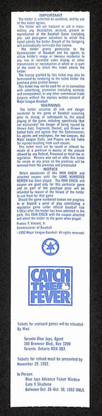 1992 ALCS Game 2 Oakland Athletics vs. Toronto Blue Jays Full Ticket 194156