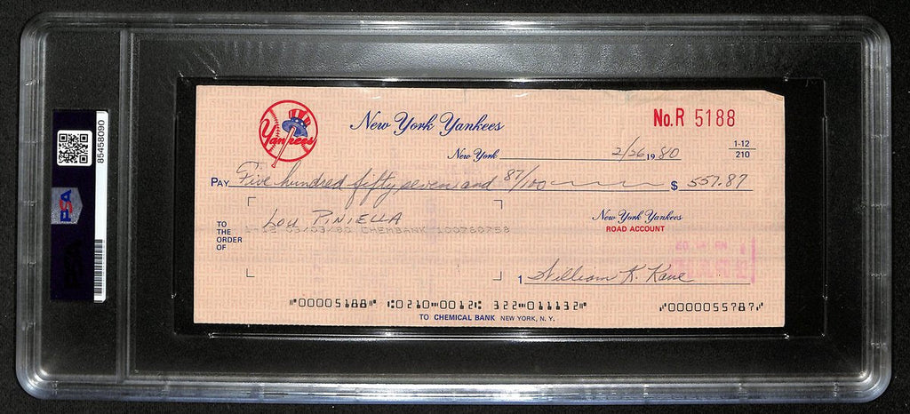 Lou Piniella Signed/Auto 1987 NY Yankees Payroll Bank Check PSA/DNA 194534