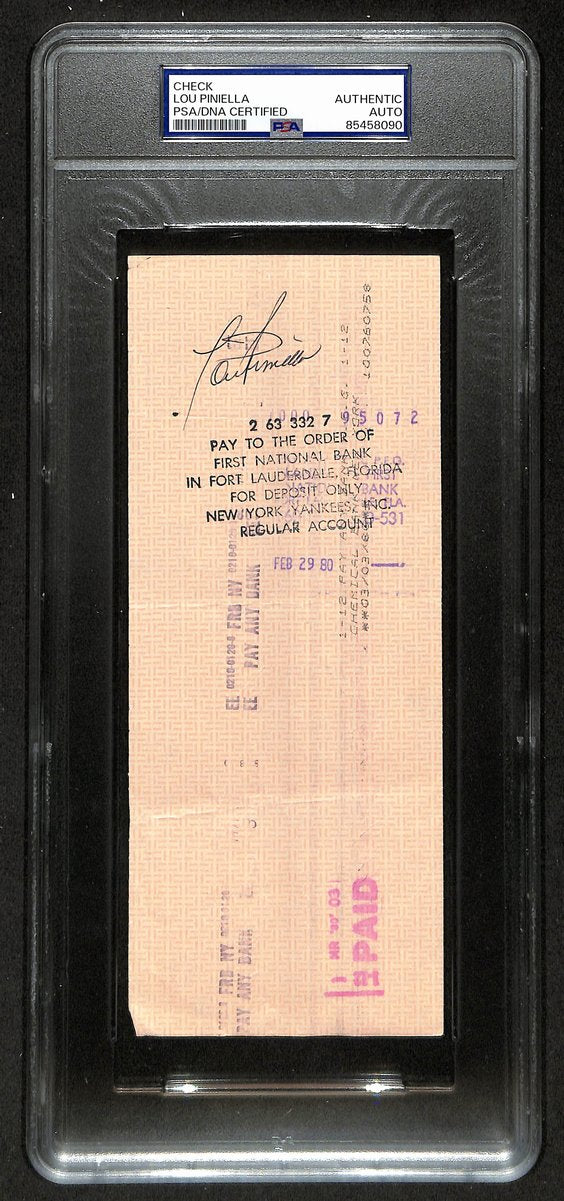 Lou Piniella Signed/Auto 1987 NY Yankees Payroll Bank Check PSA/DNA 194534