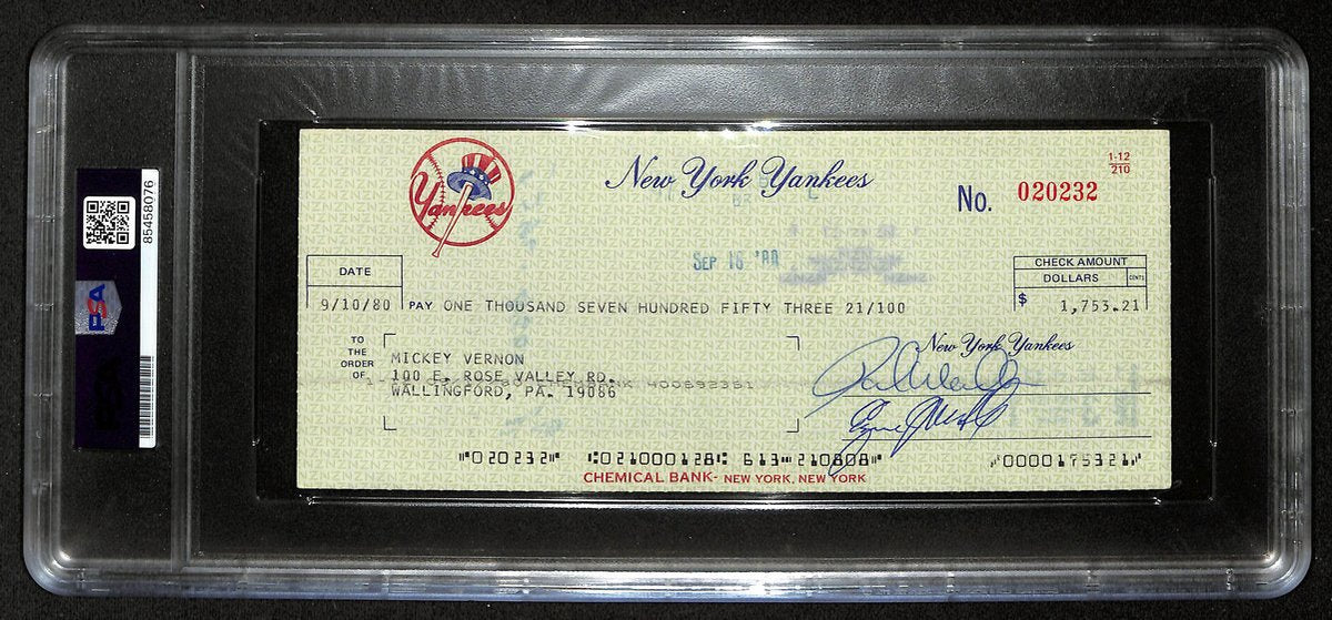 Mickey Vernon Signed/Auto 1980 NY Yankees Payroll Bank Check PSA/DNA 194535
