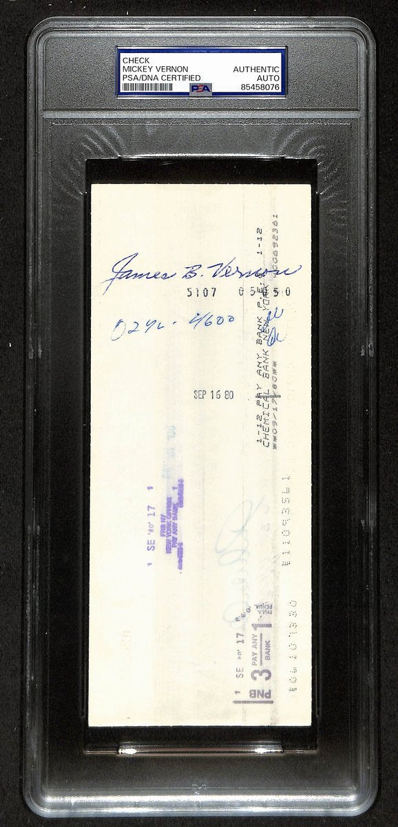 Mickey Vernon Signed/Auto 1980 NY Yankees Payroll Bank Check PSA/DNA 194535