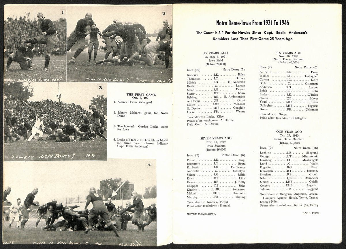 1946 Iowa vs Notre Dame Rare Vintage College Football Game Program 194577