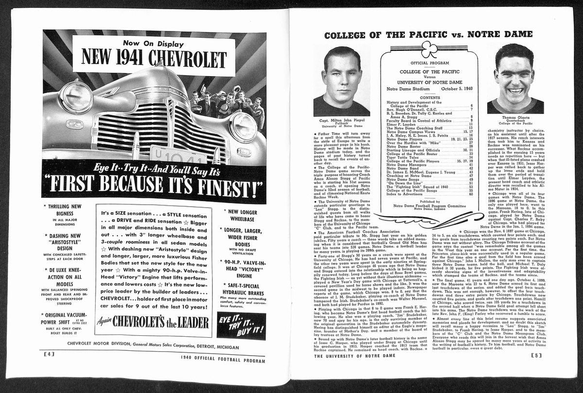 1940 College of Pacific vs Notre Dame Rare College Football Game Program 194609