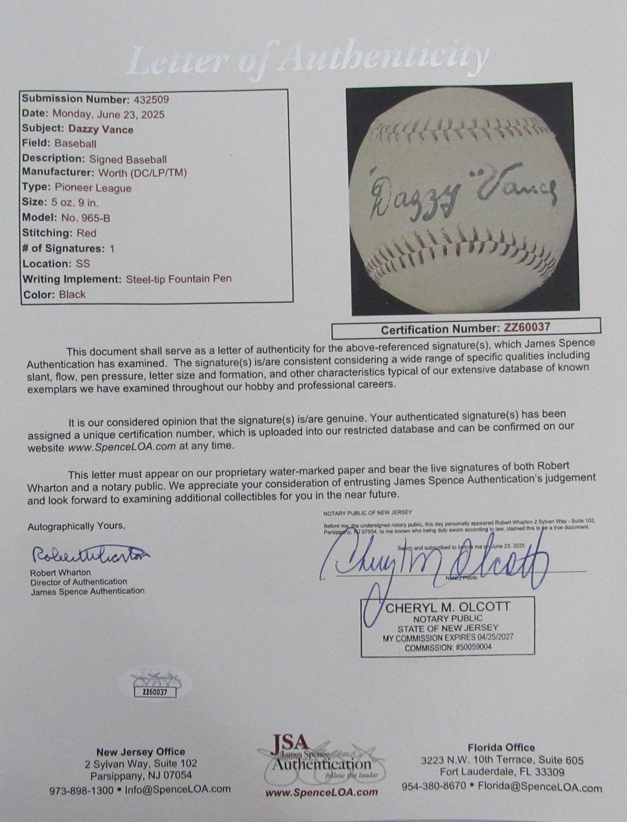Dazzy Vance HOF Signed/Auto Pioneer League Baseball With Box Dodgers JSA 196739