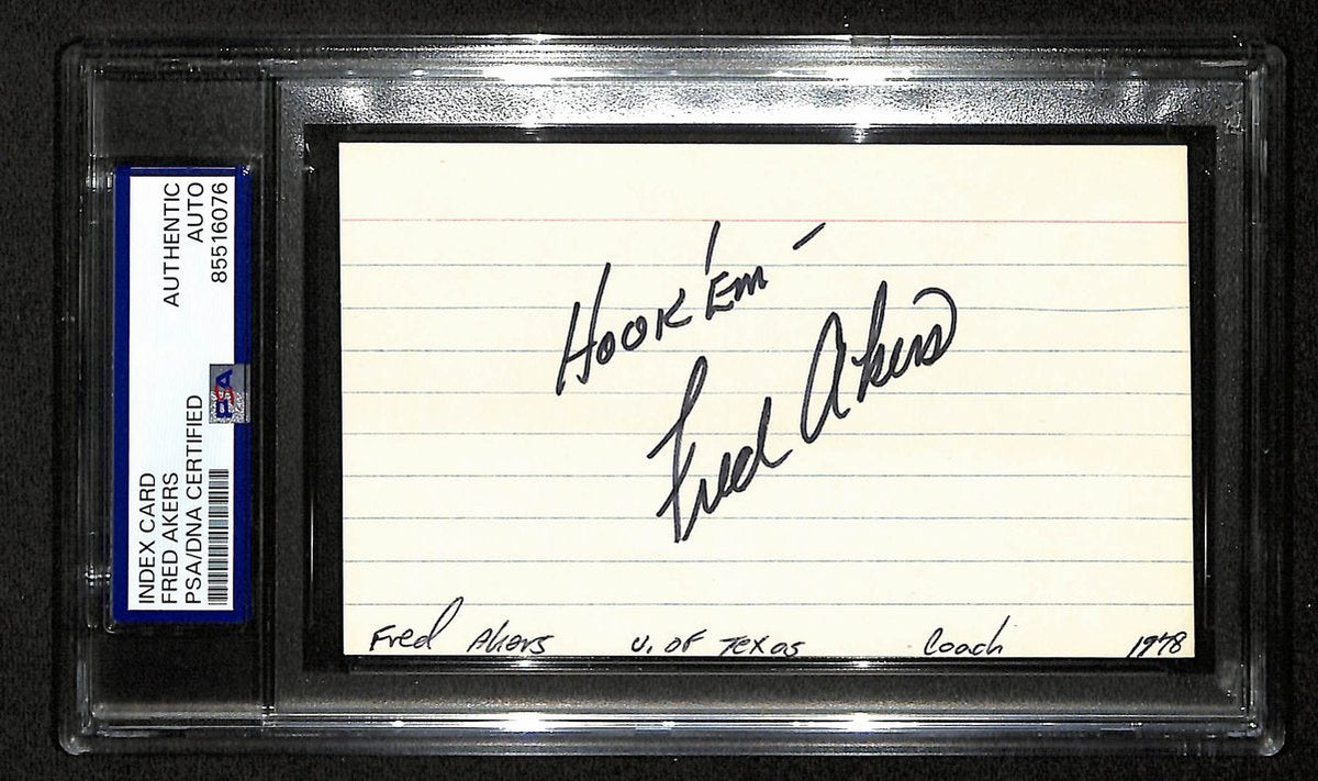 Fred Akers Texas Longhorns Hook' Em Signed 3x5 Index Card PSA/DNA 196937
