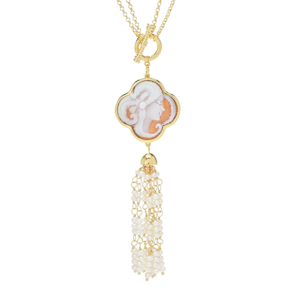 Cameo Italiano "Elysse" Portrait Shell Cameo & Cultured Pearl Tassel Necklace