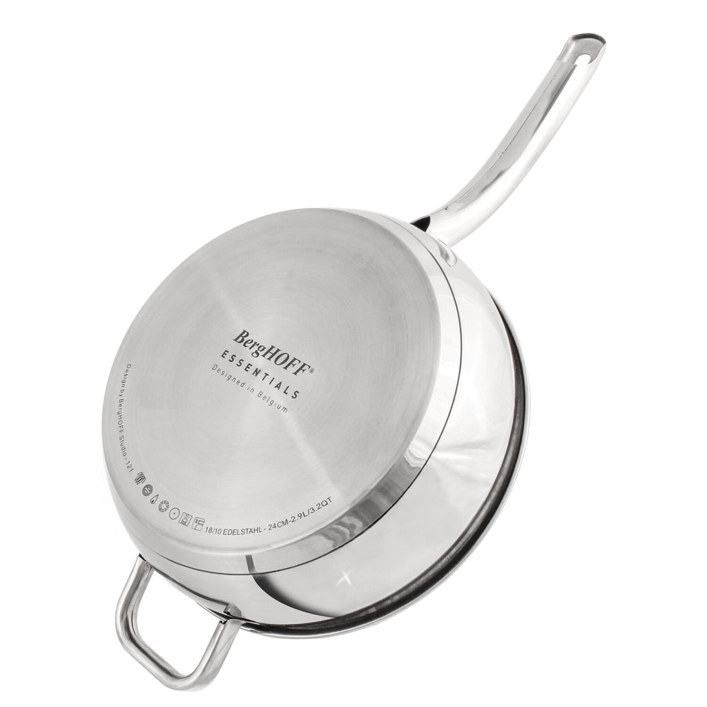 BergHOFF Belly Shape 18/10 Stainless Steel 9.5" Deep Skillet with Glass Lid, 3.2qt