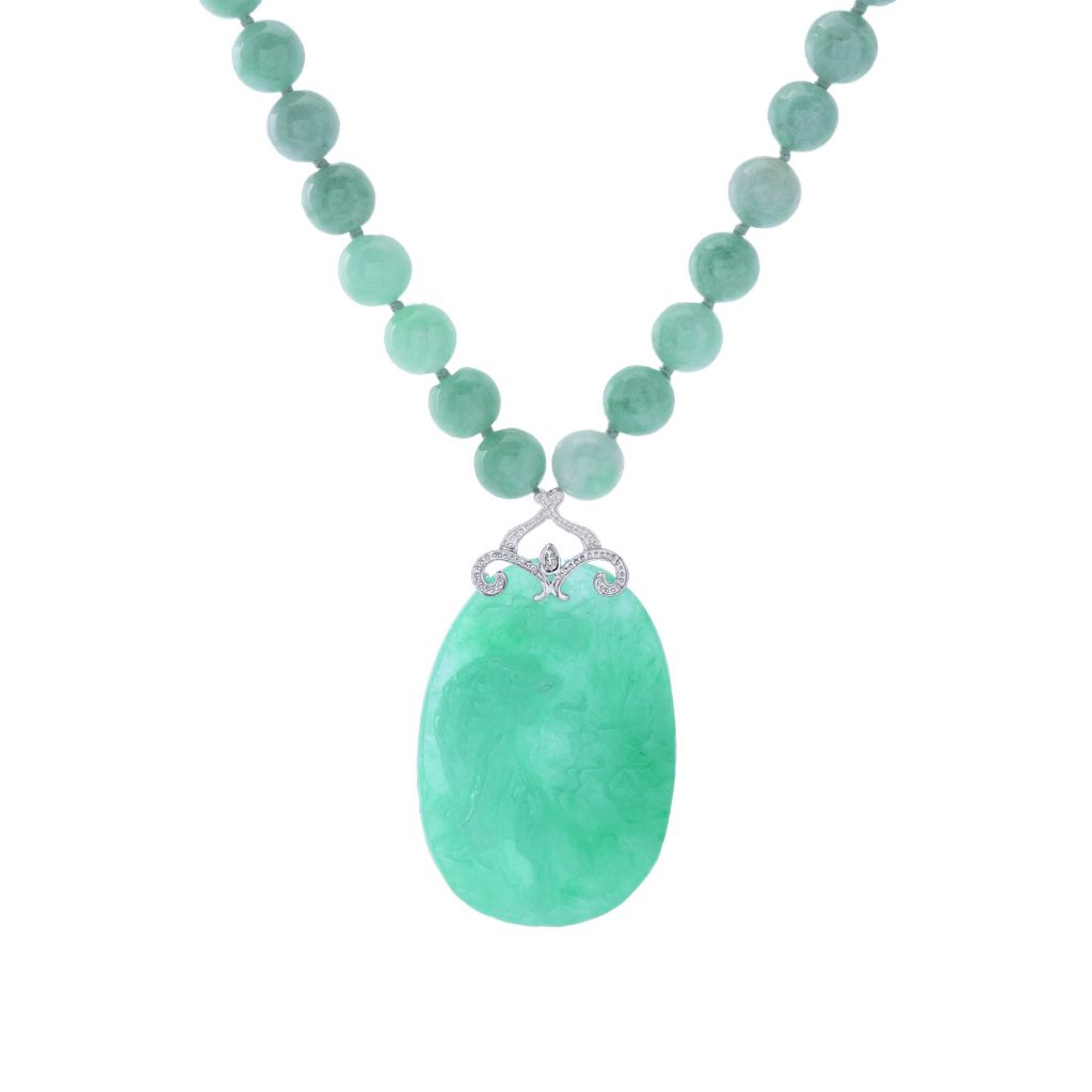 Far East Jewelry Carved Tiger Jade Pendant w/ Jade Bead Necklace