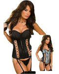 Fully Reversible Black or Blue Leopard Satin Corset Lingerie Set Size 36