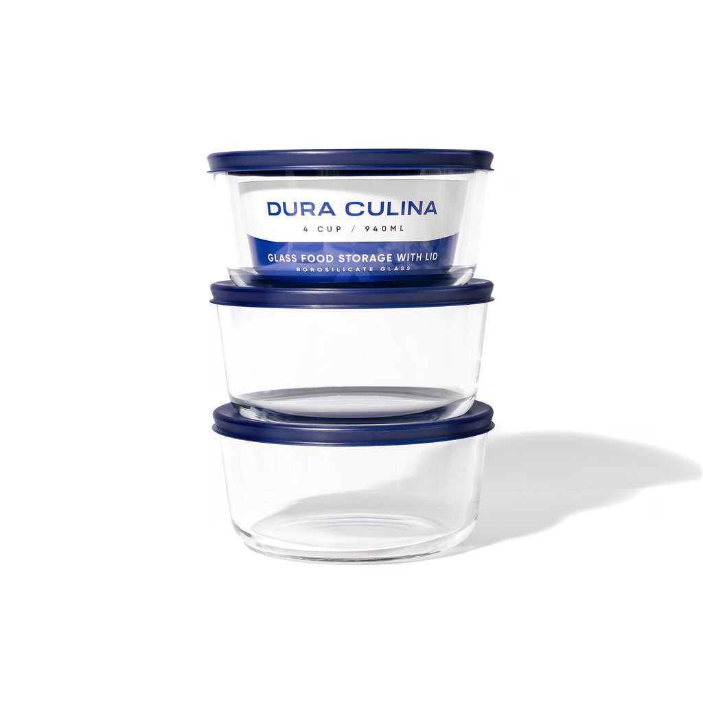 6 Piece Set (4 Cup / 32Oz) Round Glass Storage Containers With Lids, Blue