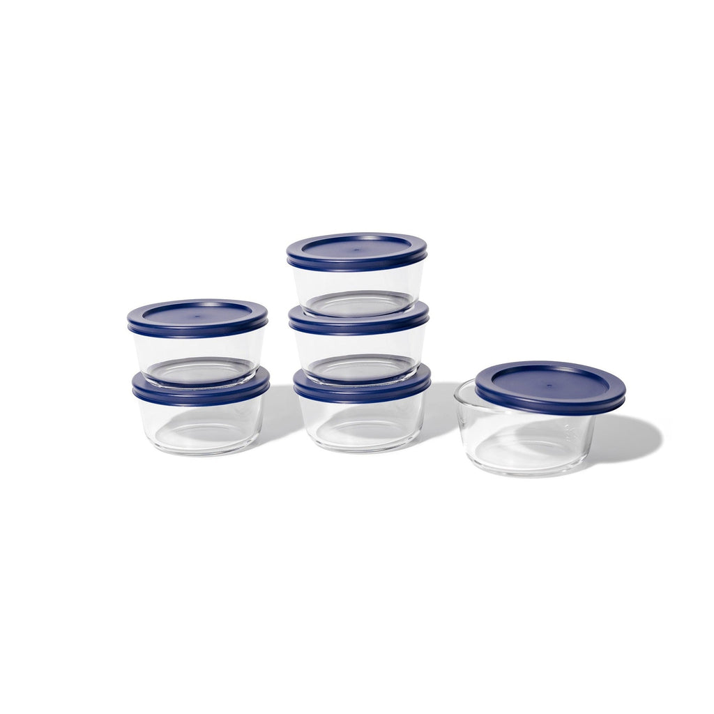 12 Piece Set (4 Cup / 32Oz) Round Glass Storage Containers With Lids, Blue