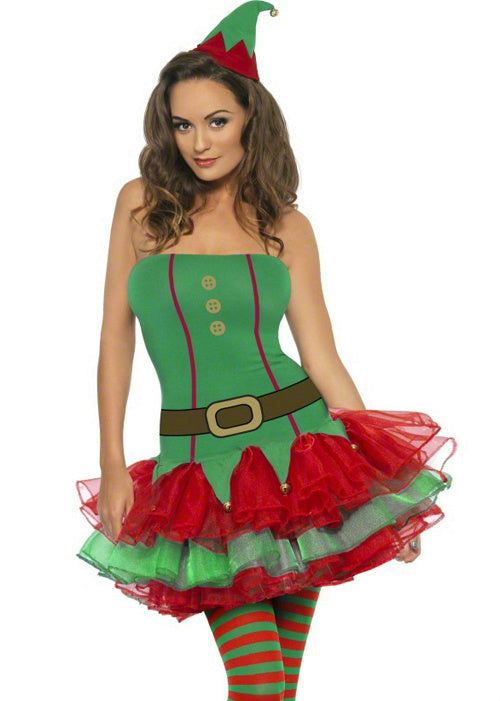 Womens Fever Red and Green Elf Tutu Dress Adult Costume Size Medium