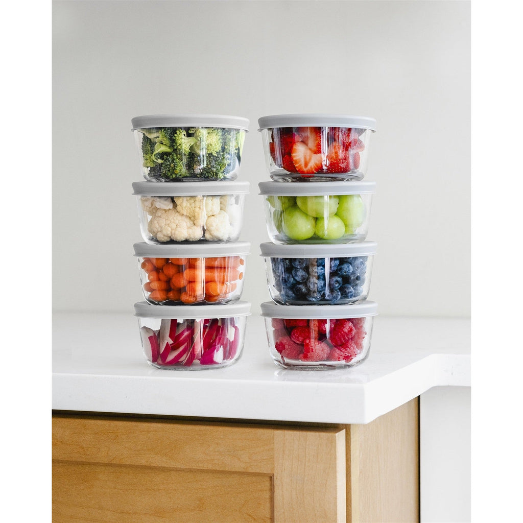 16 Piece Set (1 Cup / 8Oz) Round Glass Storage Containers With Lids, Grey