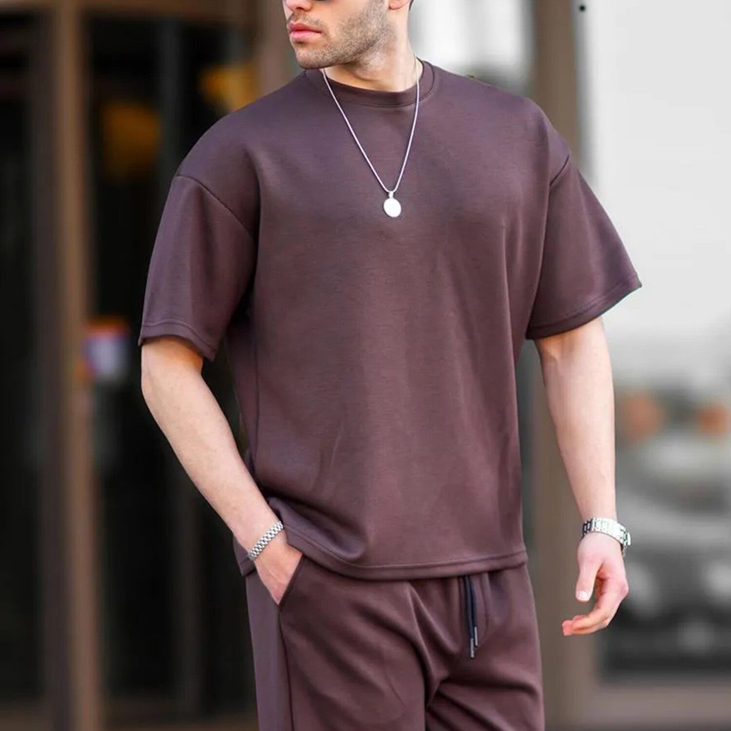 Oversize Crewneck Short Sleeve Tracksuit Set // Brown